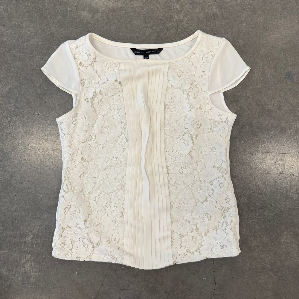 Vintage Y2k White House Black Market Lace Pleat White Short Sleeve Blouse Xs